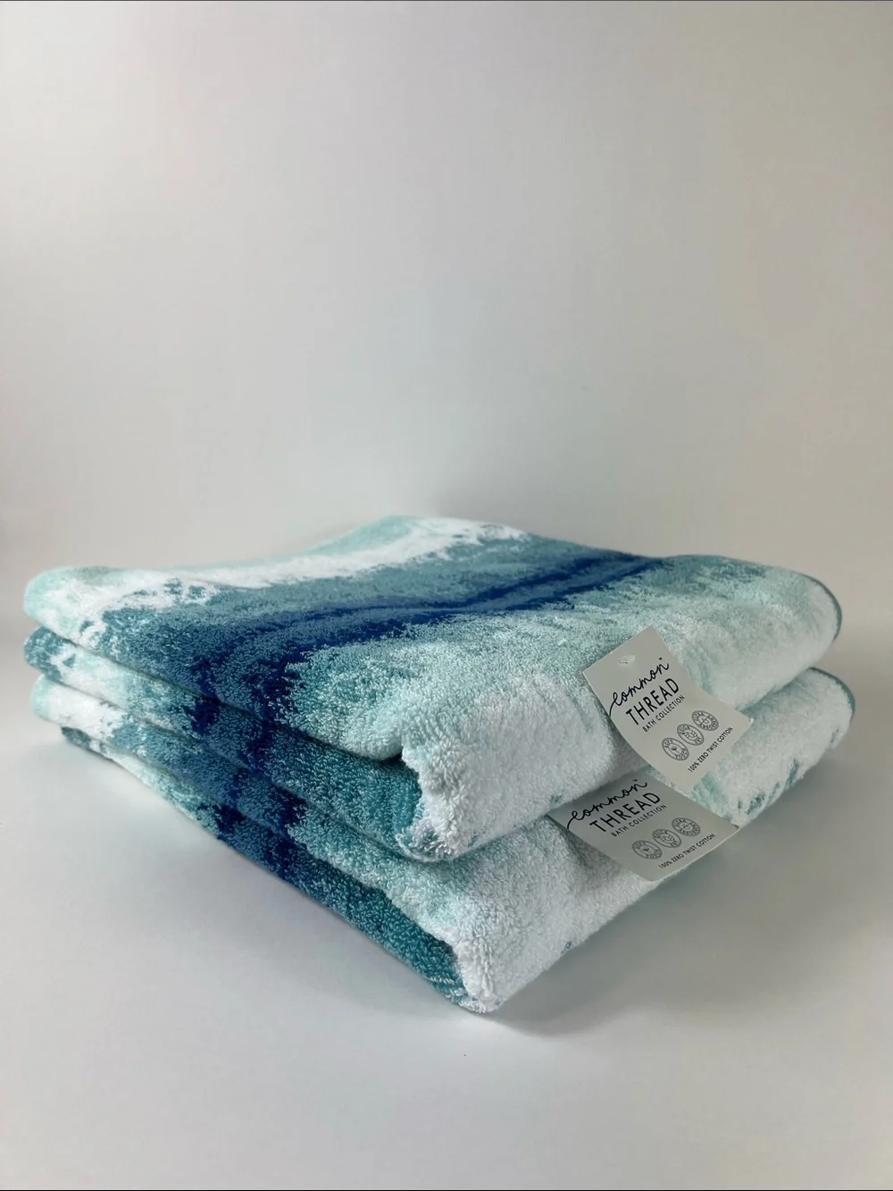 Common Thread Bath Towel Set Blue White Abstract Pattern 100% Cotton 2 pc NEW